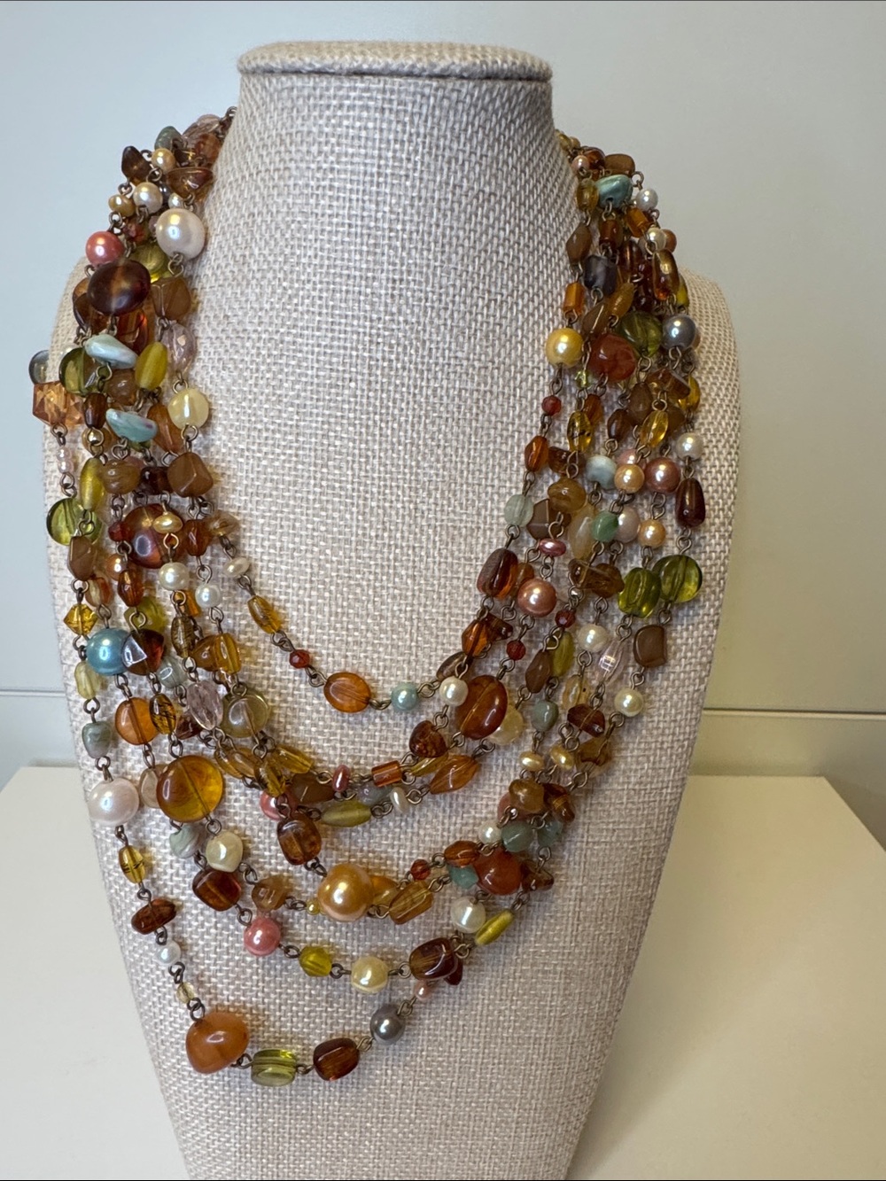 Lia Sophia Multi-Strand Necklace with Brown, Olive & Pearl Accents